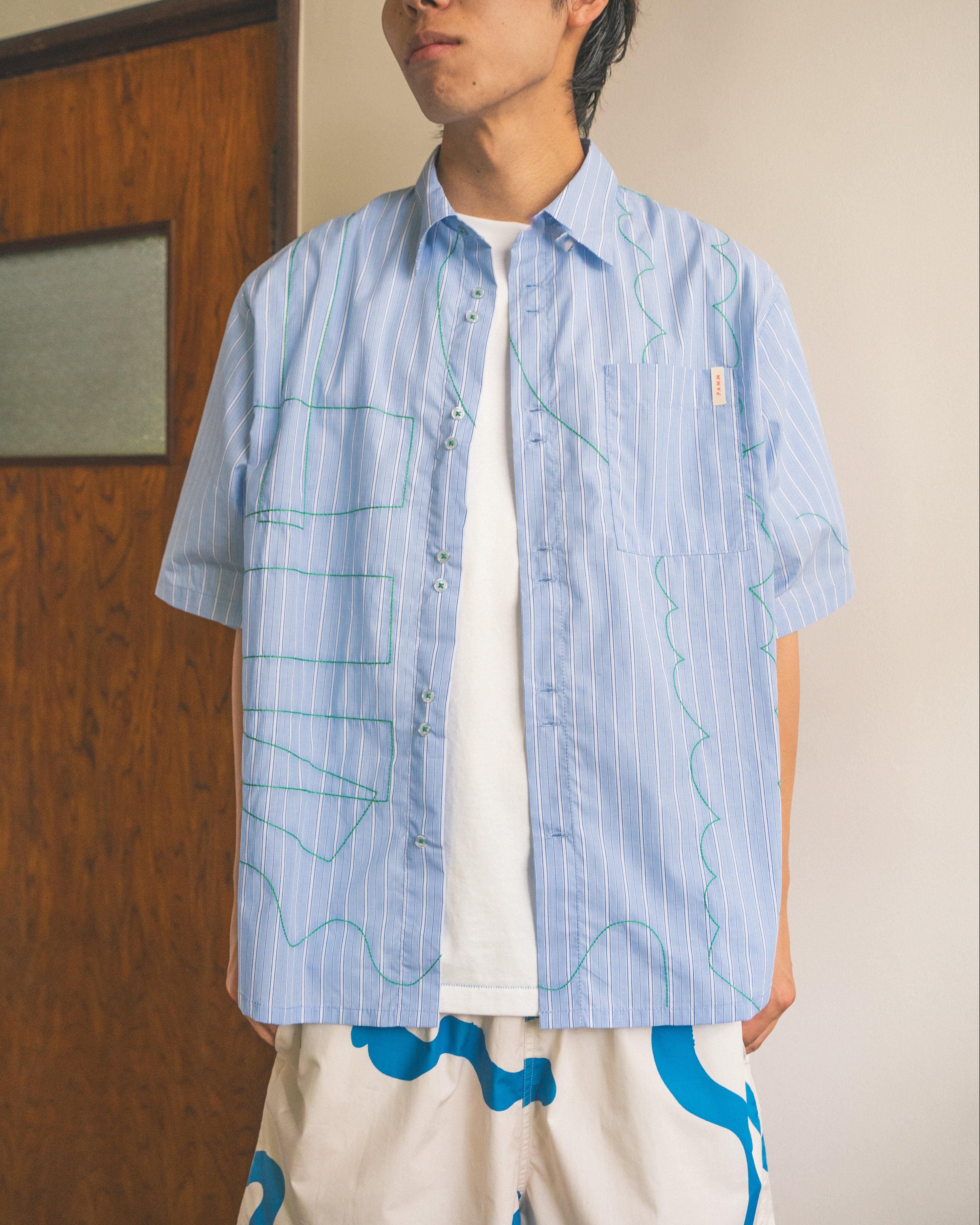 PAMM 寛大なインテリアのストライプ刺繍シャツ イエロー PAMM 寛大なインテリアのストライプ刺繍シャツ イエロー｜Yahoo