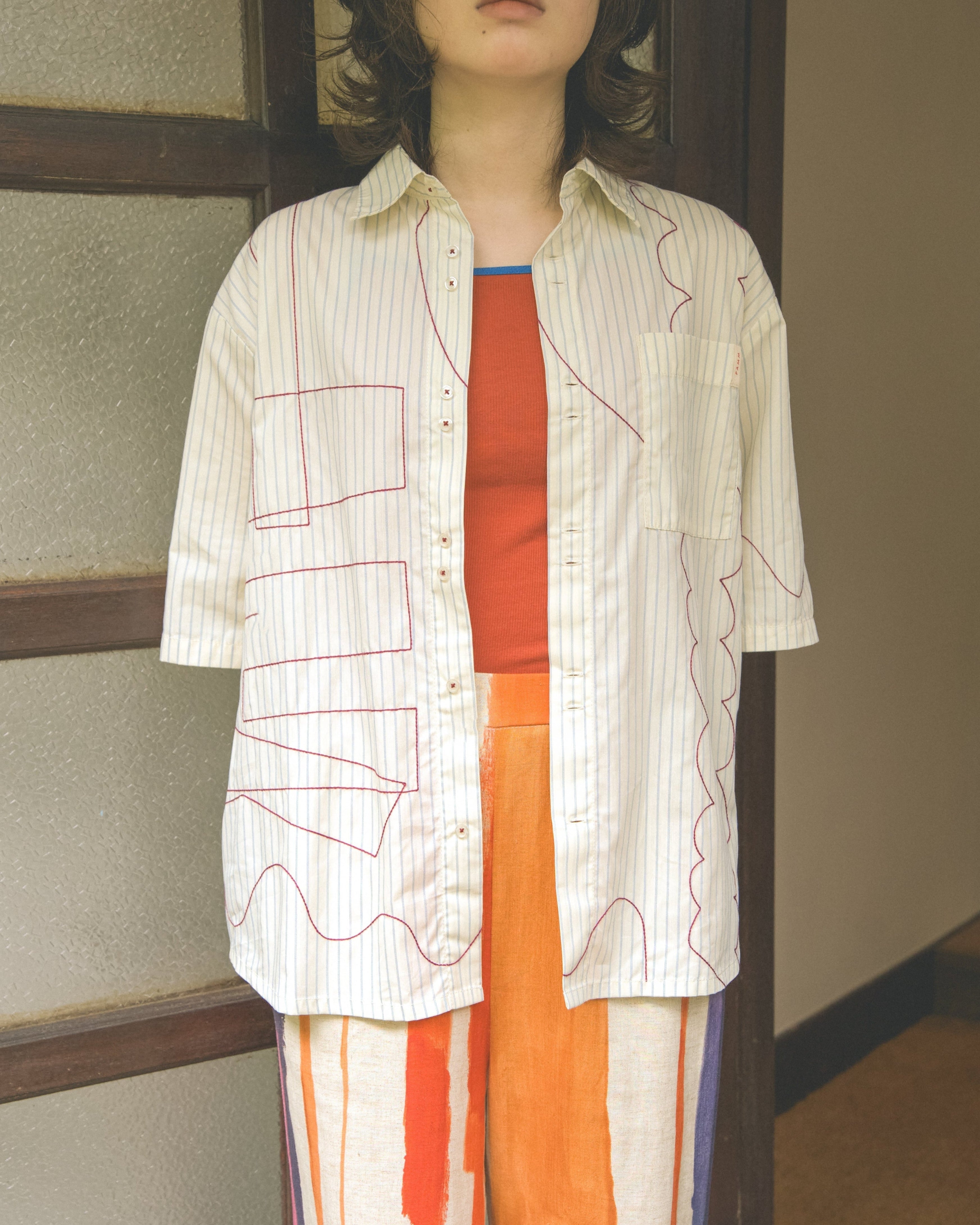 PAMM 寛大なインテリアのストライプ刺繍シャツ イエロー 寛大なインテリアのストライプ刺繍シャツ – pamm.officialstore