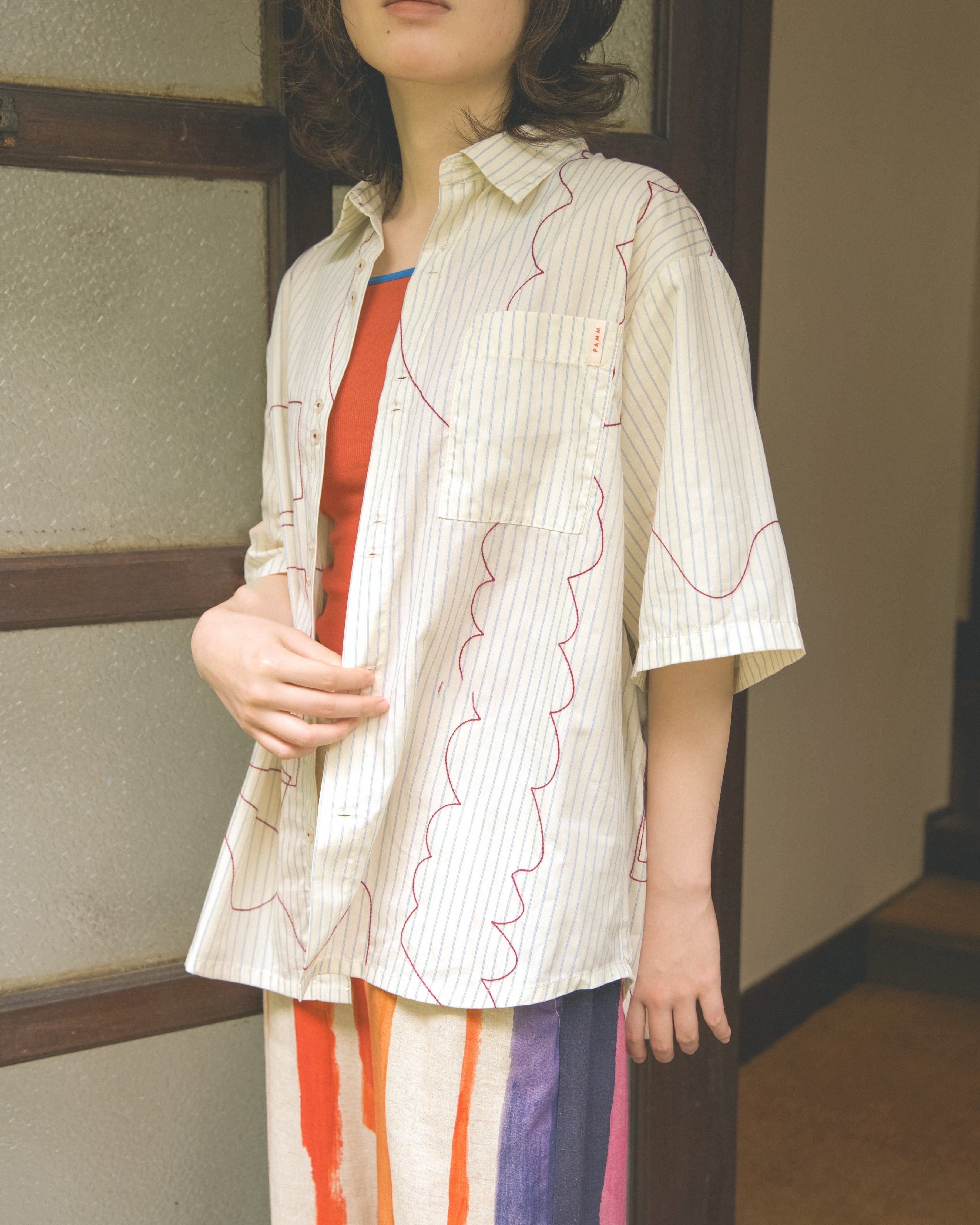 PAMM 寛大なインテリアのストライプ刺繍シャツ イエロー PAMM 寛大なインテリアのストライプ刺繍シャツ イエロー｜Yahoo