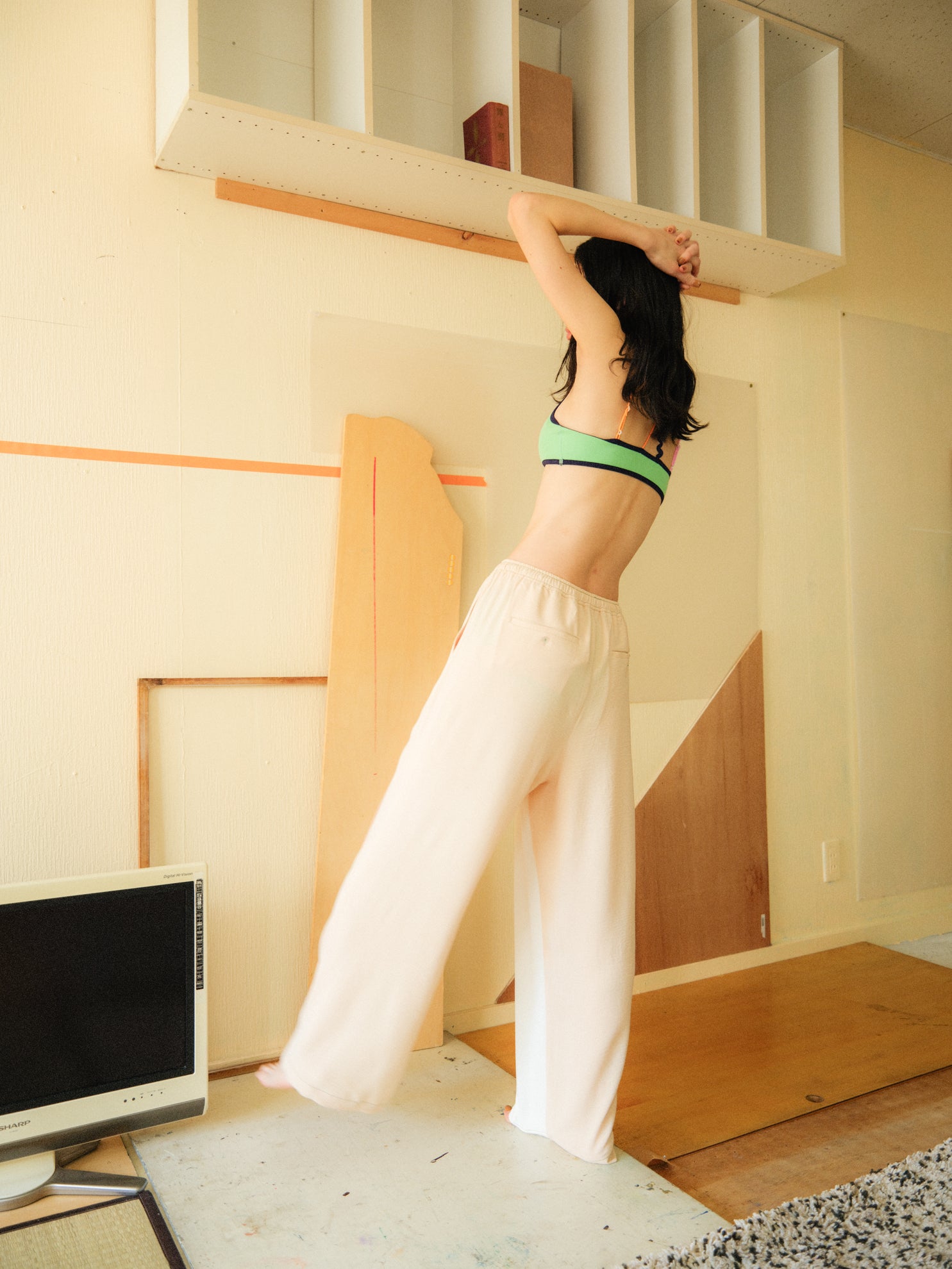 PAMM 肌色のラインパンツ ネイビー 巾着付き 肌色のラインパンツ